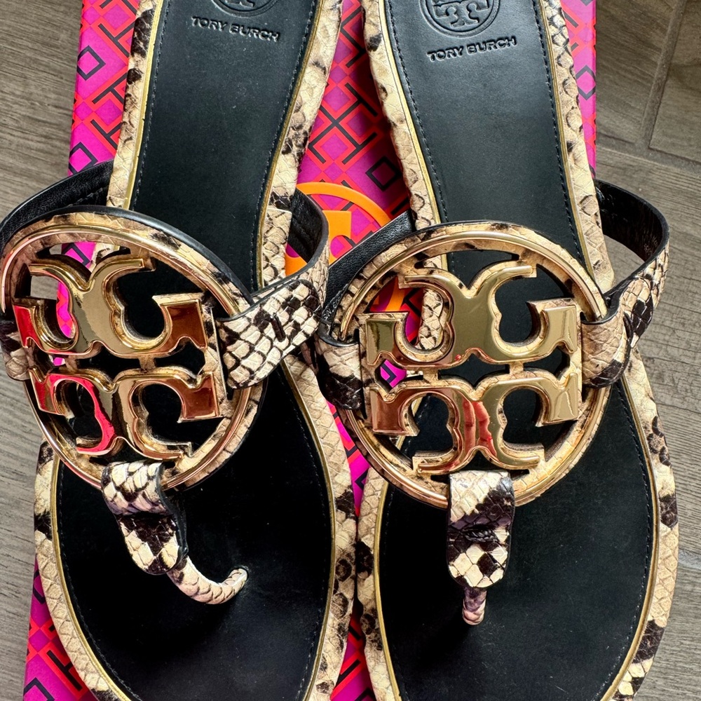 Authentic Tory Burch Metal Miller Sandals Desert Roccia Snake Print